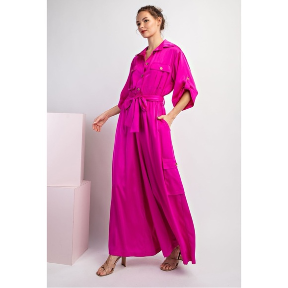 200 • Fuchsia Pink Satin Palazzo Jumpsuit - Picture 6 of 10